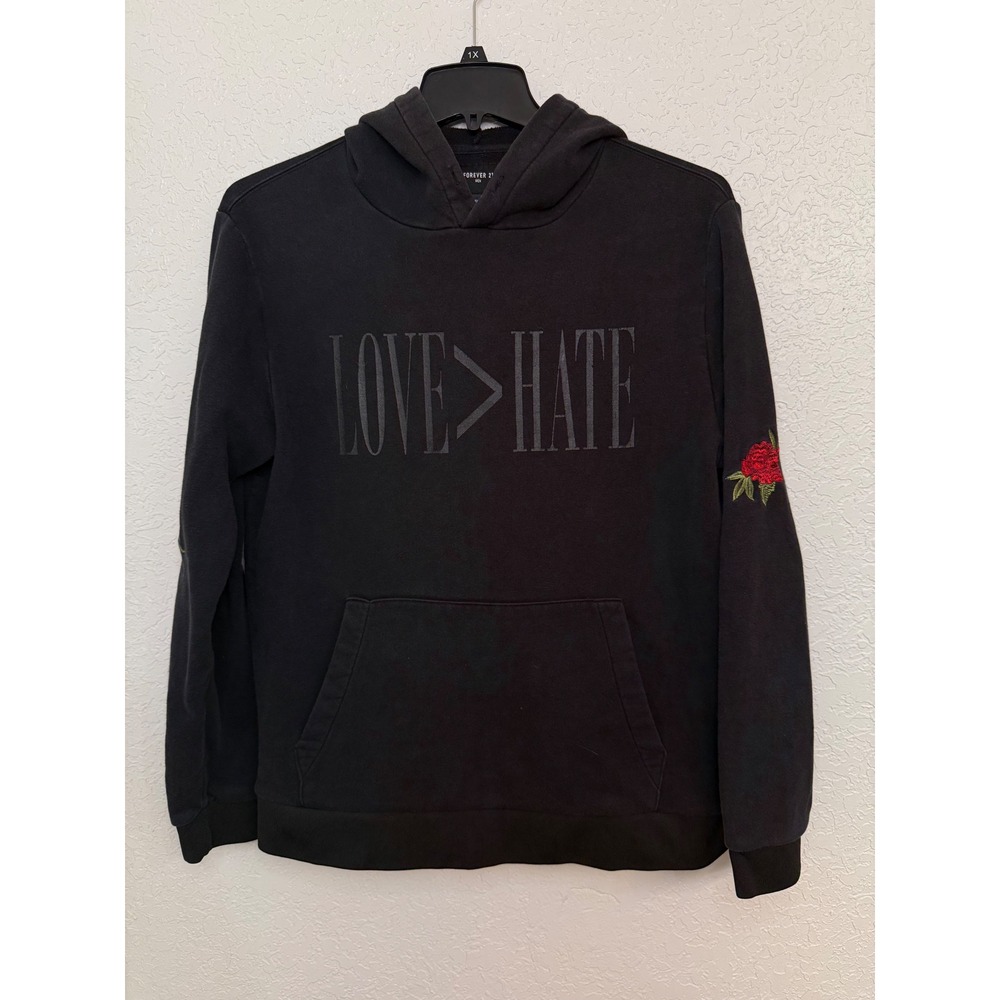Forever 21 Men's Black Love Over Hate Embroidered Rose Hoodie - L
